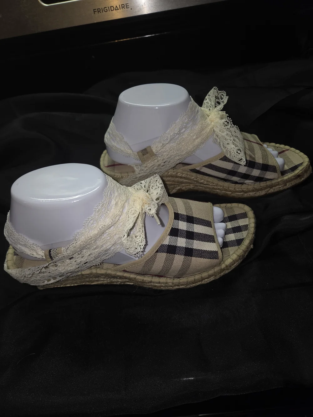 Burberry Beige Plaid Lace-Up Espadrille Sandals